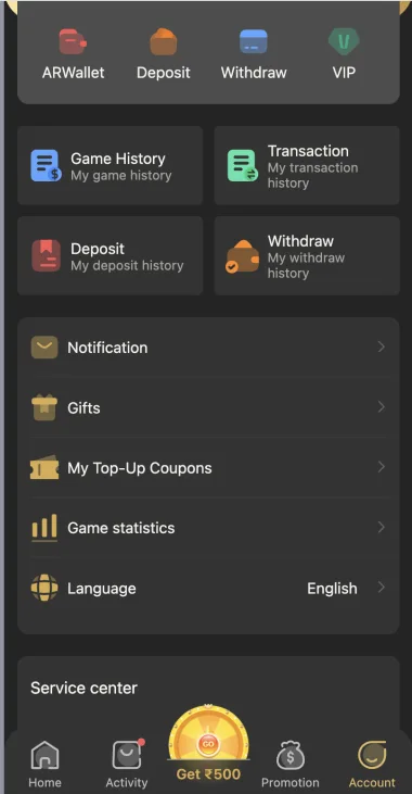 BDG Win account settings and service menu