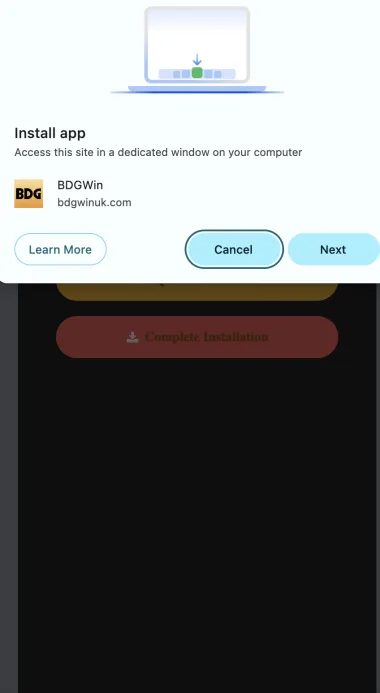 BDG Win browser prompt for adding the website to the home screen