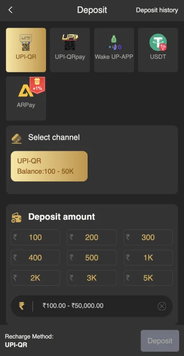 BDG Win deposit page with payment options