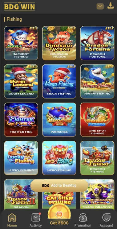 BDG Win fishing catalogue with Jackpot Fishing, Dinosaur Tycoon and other titles