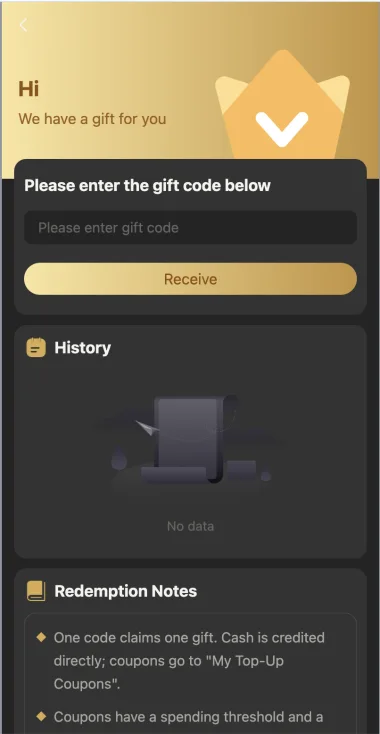 BDG Win Gifts page showing gift code entry and redemption history