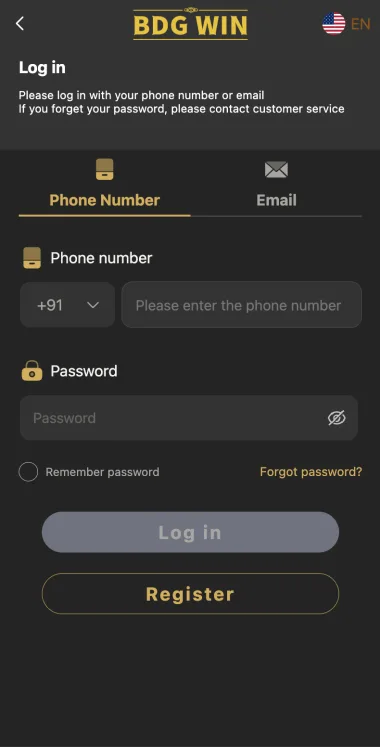 BDG Win login with phone and email options and password field
