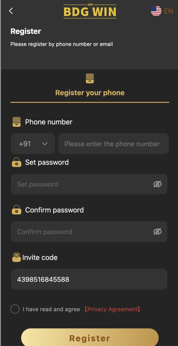 BDG Win registration form showing invitation code 4398516845588