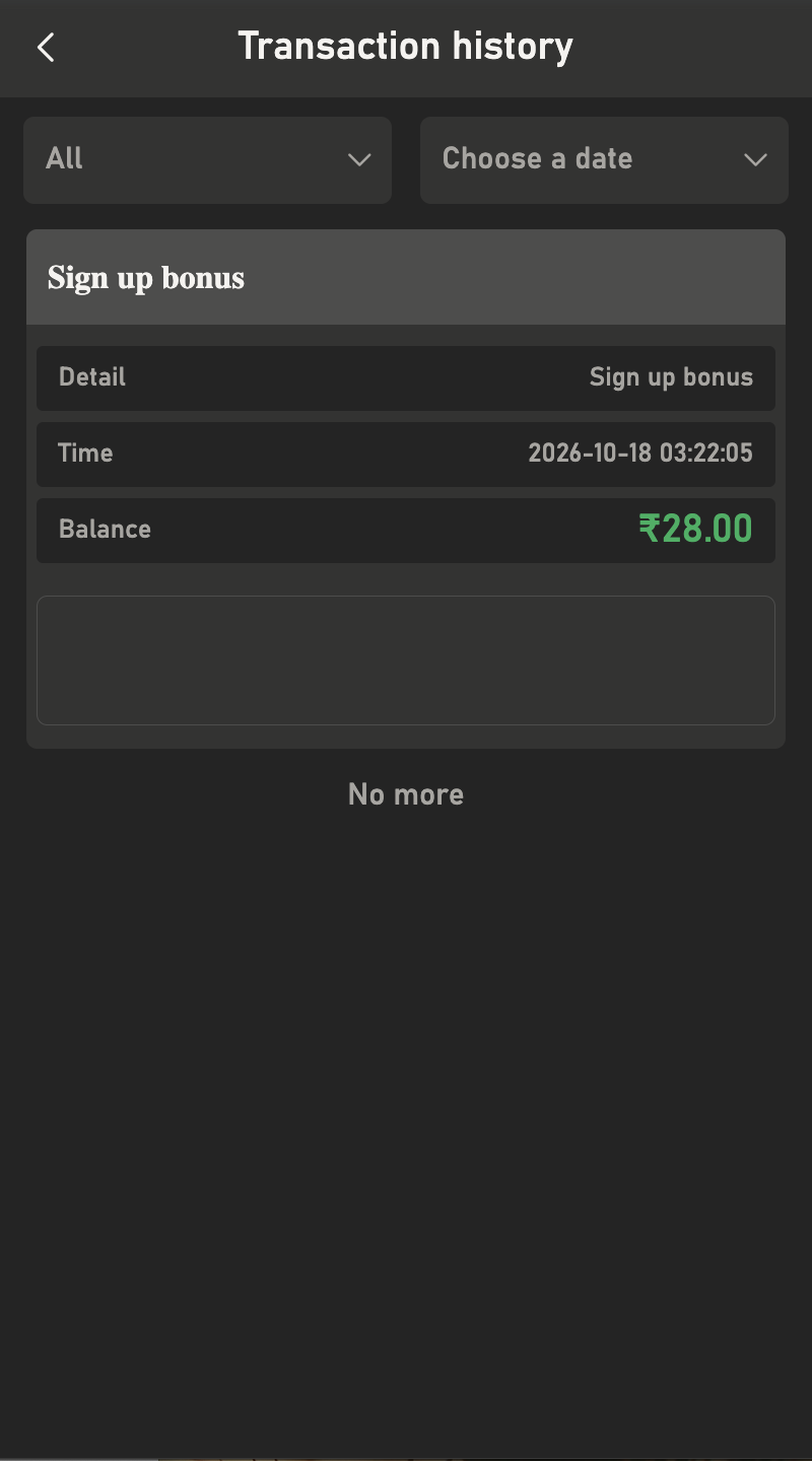 BDG Win transaction history showing a ₹28 signup bonus on 18 October 2026
