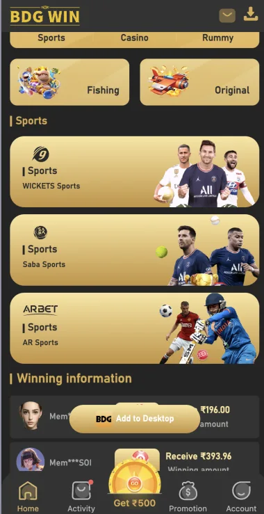 BDG Win sports category and listed providers
