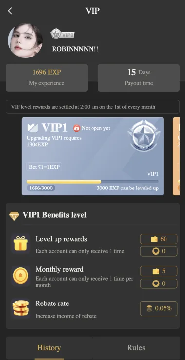 BDG Win VIP page showing level progress and reward categories